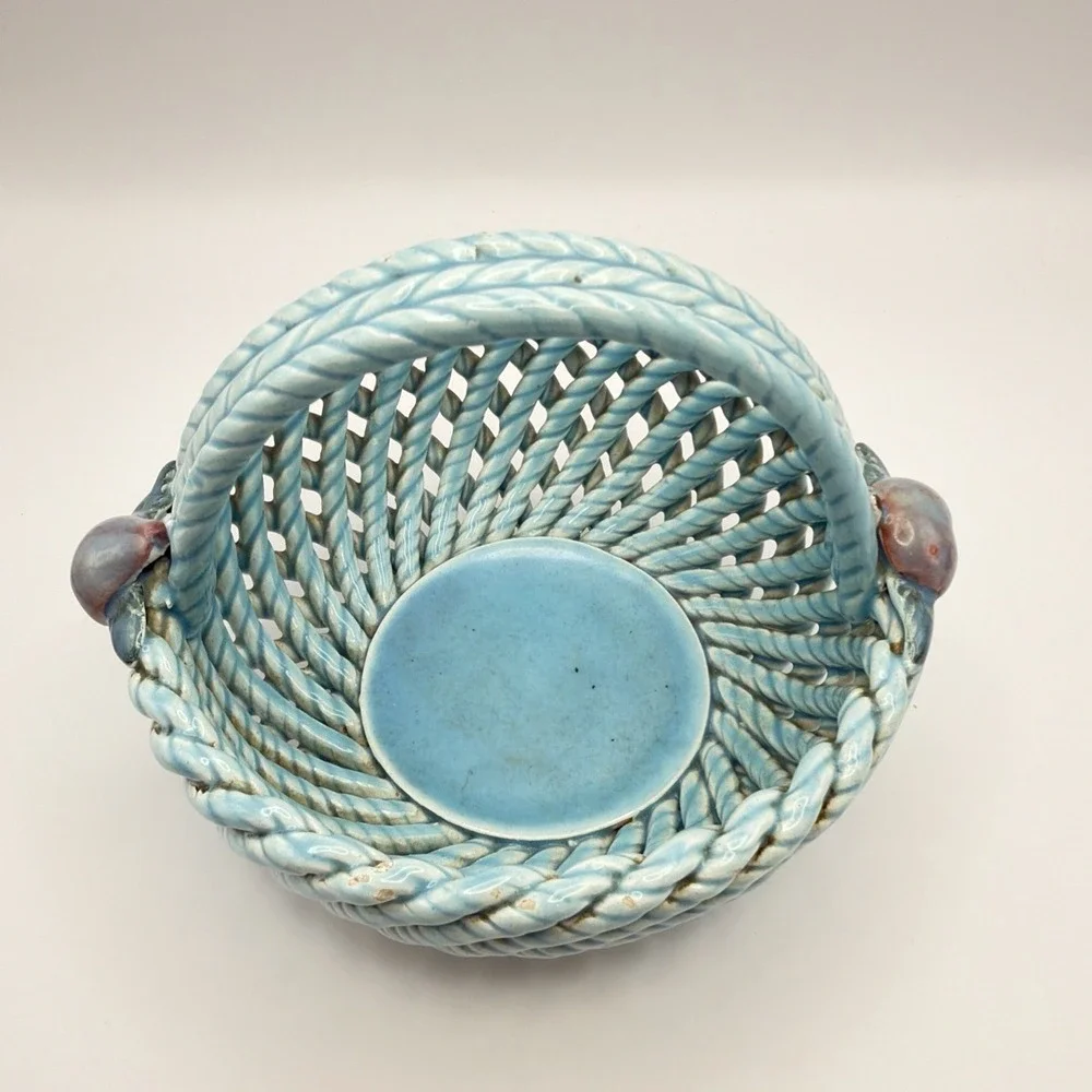 Vtg Spain Woven Ceramic Basket Aqua Blue Applied Fruit Floral Accents